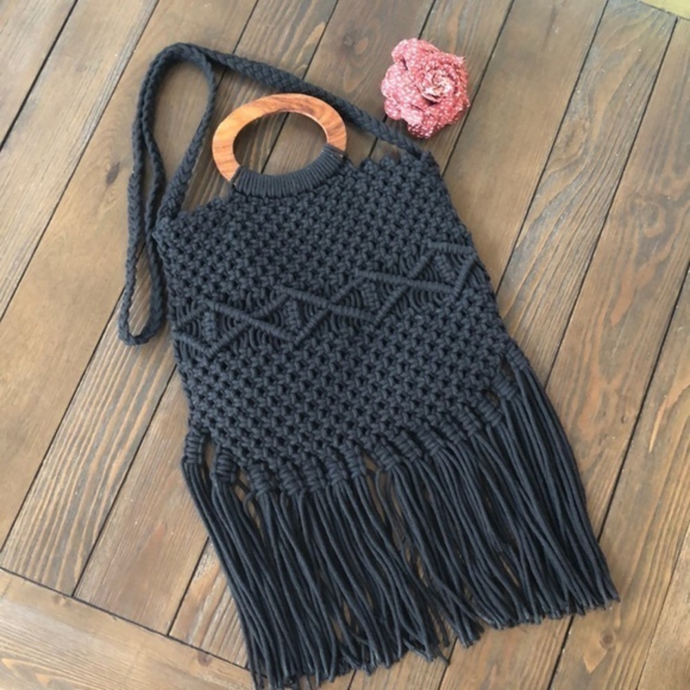 Danielle Nicole Black Fringed Macrame Boho Bag - image 1